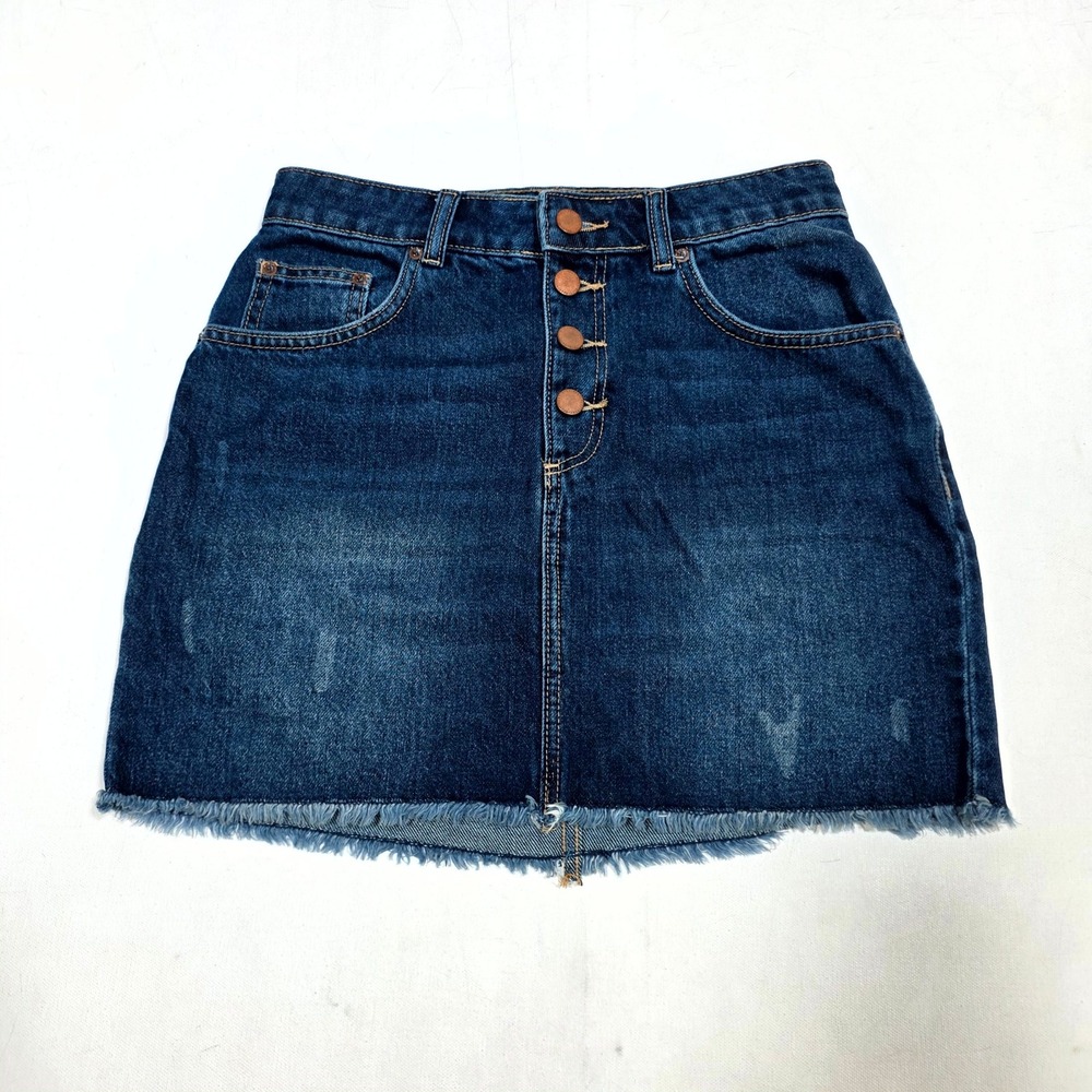 Roxy Denim Mini Skirt Womens Size S Blue Button Fly Frayed Hem Beach Boho Casual